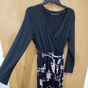 LN Lunnow long sleeve black pink floral faux wrap belted maxi dress